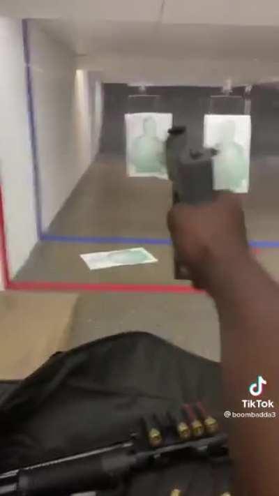 Dumbass shoots AK pistol one handed at an indoor range
