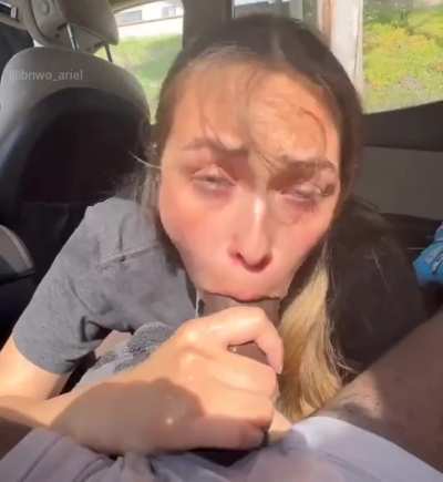 Sloppy blowjob in the car in the backseat