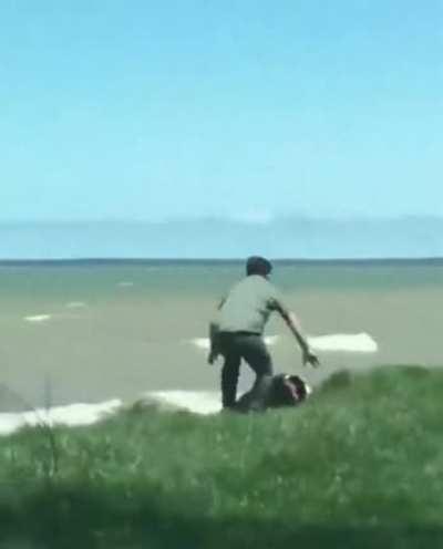 Dad reflexes to save his Dog from falling in the cliff