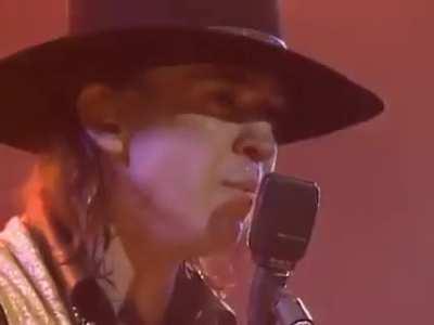 Stevie Ray Vaughan performing Voodoo Child in the 1980s. His guitar is like an extension of his body.