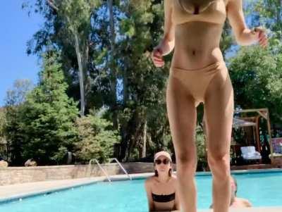 Big titty celebrity having fun at the pool with hard nipples