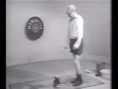 Tony McKay, the man who claimed he could jump on hen’s eggs and human noses without breaking them, 1974.