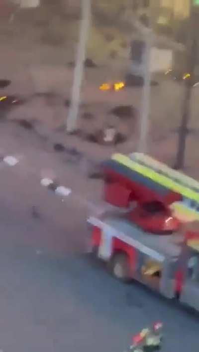 Firefighter jumps to safety on a rescue mattress. Valencia, Spain 22/02/2024