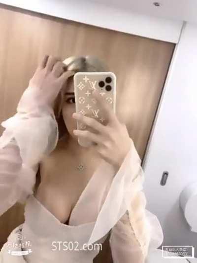Blonde Asian Babe with a Big Cock in the Mirror