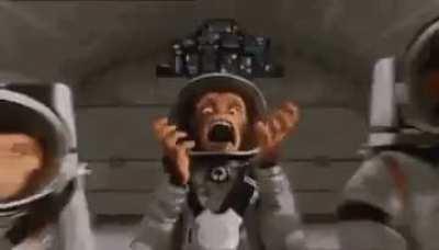 astronaut monkey screaming at text in space