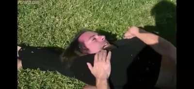 She is so tried while squeezing him