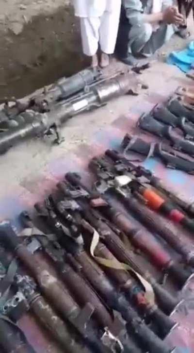 Weapons captured by Taliban fighters at a base in Tapa Kandak. Greshk district of Helmand province.