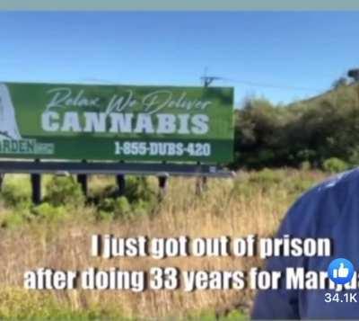 First sign man sees after serving 33 years for marijuana charge is an ad for delivering marijuana