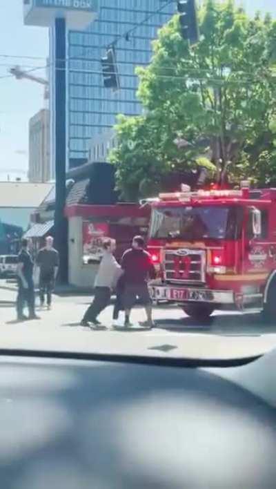 Vigilante saves us from a main character standing in front of a firetruck and blocking it.