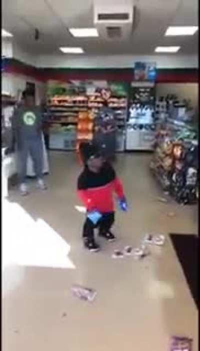 Midget goes nuts in a convenience store.