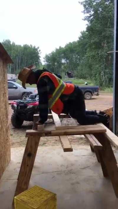 Dry humping while sawing wood.