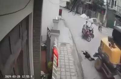 Old man gets fatally run over by an excavator. Vietnam, 20 March 2024