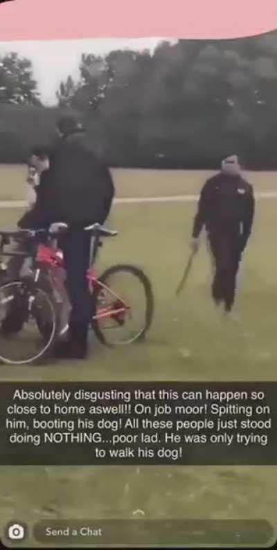 Lady harrases man and kicks dog