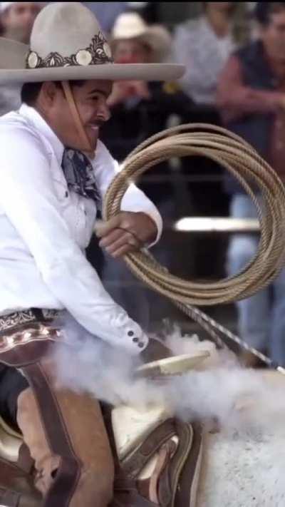 The friction generated in this rope when a cowboy lassos a horse during a rodeo competition