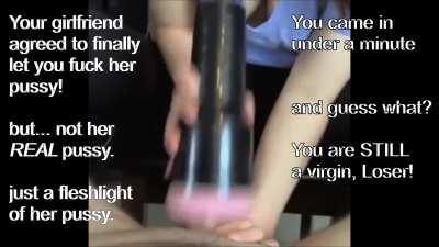 But... not her REAL pussy.. just a fleshlight. You're still a virgin :)