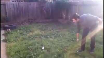 Guy thinks it’s a good idea to throw a knife at spray paint