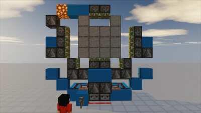 I made a 4×3 door. The bottom double piston extender with the block storage uses the latest one block wide 3×3 door's base. Slightly altered so as to put two of them together. Everything above floor level is one block wide.