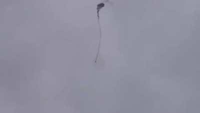 A Russian Mi-8/Mi-17 helicopter used to drop barrel bombs, burning mid air after reportedly hit by rebel fire in Idlib - Ongoing Idlib offensive.