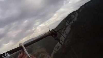 Sketchy Zipline Base Jump, Almost Loses Fingers!