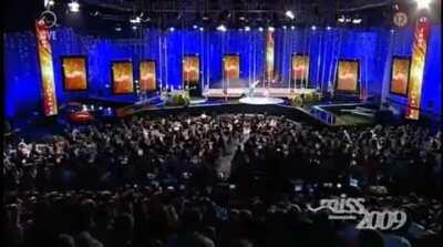 It wasn't planned. Moderator Jan Kraus just played it as if nothing had happened. Miss Slovakia 2009.