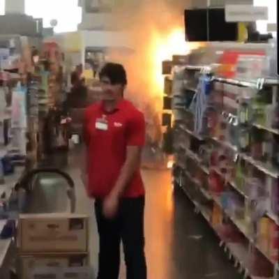 Teenagers set off a fireworks display at my local grocery store. Seems the employee doesn't get paid enough to deal with this shit.