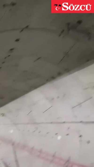 The drilling machine drilled the ceiling and then the rails