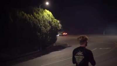 Professional Stunt driver has a near miss on a public road.