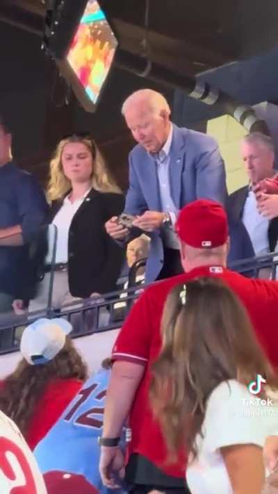 Video: Joe Biden smiling and interacting with people at Phillies Game.