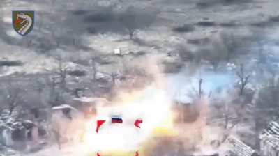 Drone footage of a Russian BMP transporting soldiers and equipment driving over a Ukrainian anti-tank mine. Kursk Oblast.