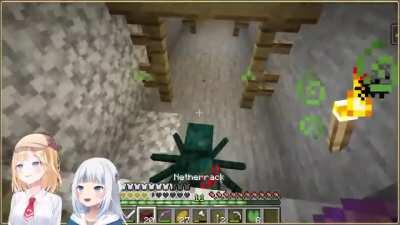 Amelia and Gura fight cave spiders. But the spiders fight back.