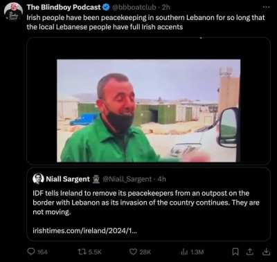 The bond between local Lebanese & Irish peacekeepers is so strong that the locals have developed Irish accents. The IOF attempted and failed to compel the peacekeepers to leave.