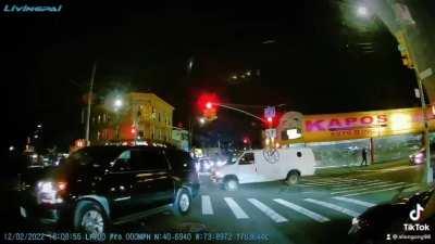 Car runs over a pedestrian in Queens, New York.
