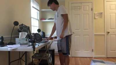 For Karate KNES144Q, we have to record ourselves practicing kicks. I accidentally kicked my chair.