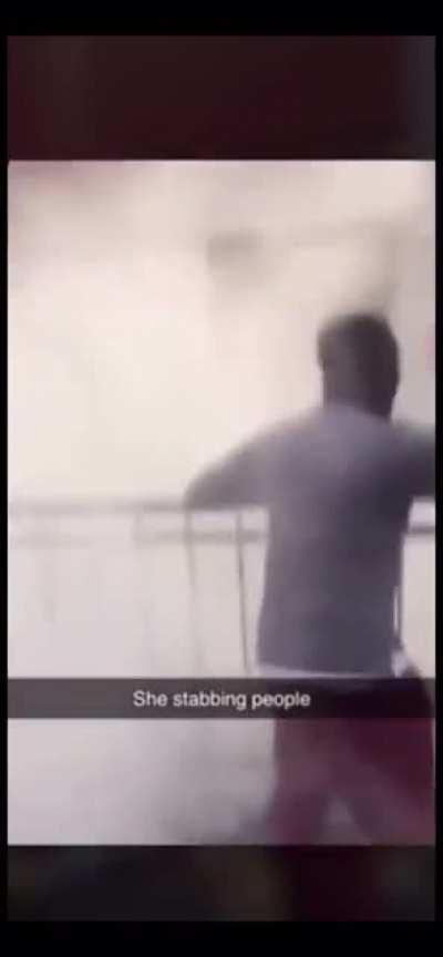 Wheelchair granny armed with knife sprayed with fire extinguisher.