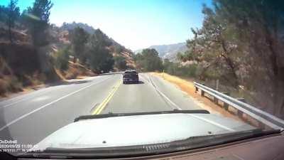 Mountain road plus double yellow plus illegal passing equals rapid deceleration