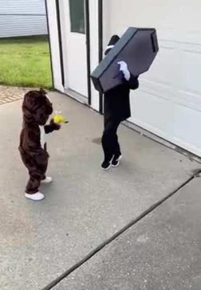 My son wanted to be the “Coffin Dance Guys” for his Halloween costume.
