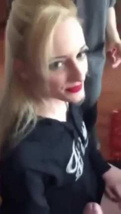 Handjob and blowjob in makeup room public - strangers around - gif