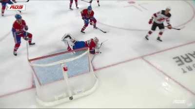 Cayden Primeau makes a diving blocker save to rob Palat