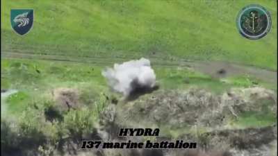 A Russian soldier was resting against a tree and was hit by FPV drone from the 137th marine Battalion. He flew 9 meters into a dried up river bed. (Sound effects and music from sourcs)