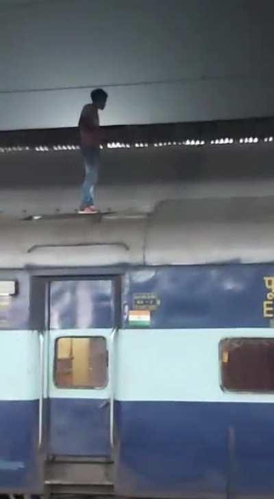 Grabbing a train power line