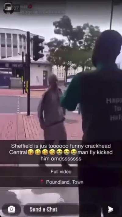 Crackhead gets kicked out of a British pound shop by a one armed employee and booted for retaliating