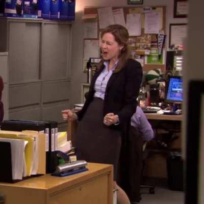 Pam with the celebratory hip thrust