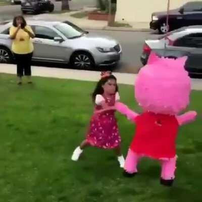 Pig gets beaten by brutal child