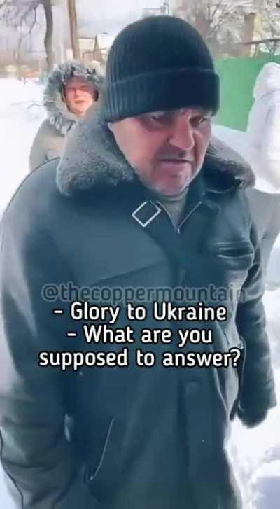 RU POV.Ukrainian authorities prevent civilian from getting any humanitarian aid unless he was willing to repeat nationalist slogans in front of the camera.