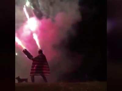 Wearing a fireworks suit