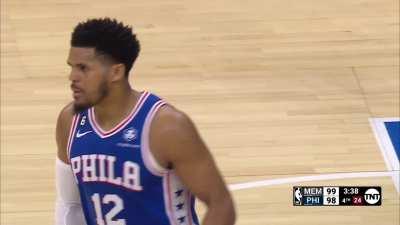 [Highlight] Maxey hits Tobias Harris in the corner for the huge triple and the Philly crowd goes wild!