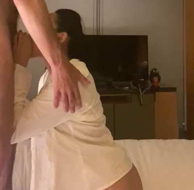 French Escort with big tits sucking my dick deep in her throat with her shirt during 1 minute