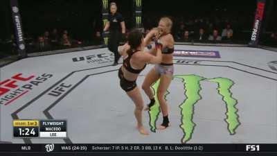 Veronica Macedo lands a head kick on Andrea Lee and stuns her, then lands another one