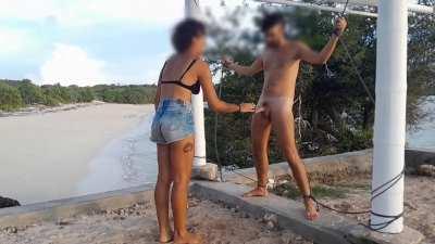 Kicking his balls with a view!