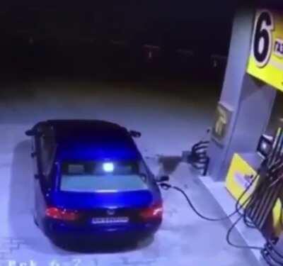 Driving away from a fuel pump, destroying the entire gas station.